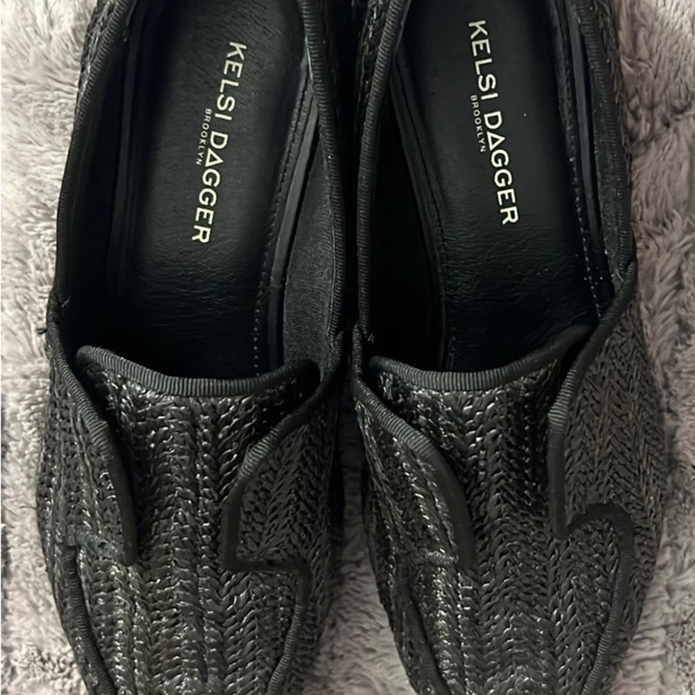 Kelsi Dagger Brooklyn Black Woven Ragfia Slip-on Oxford Women Size US 8.5